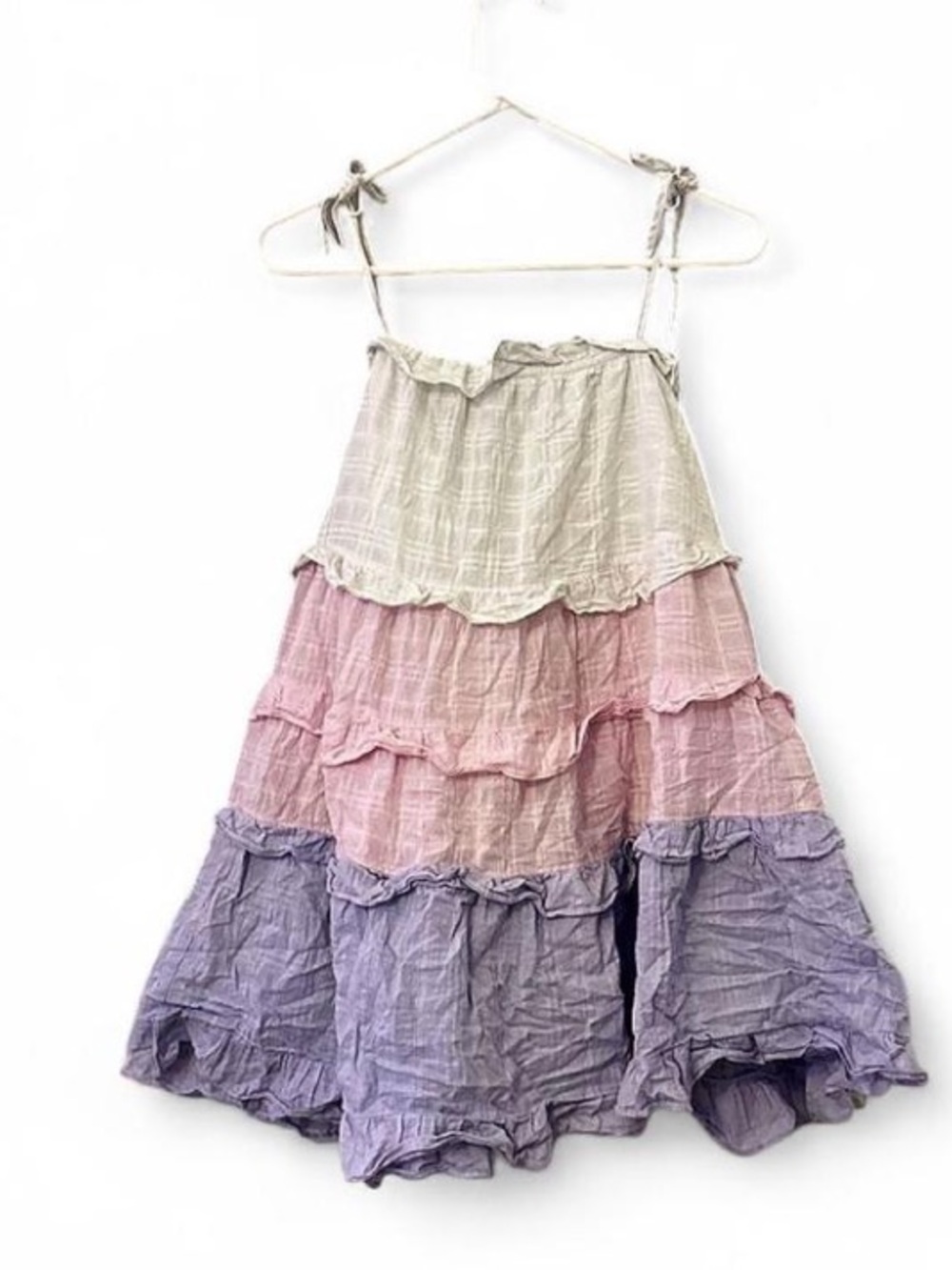 Peach Love California Tiered Tie-Strap Maxi Dress in Cream, Pink & Lavender